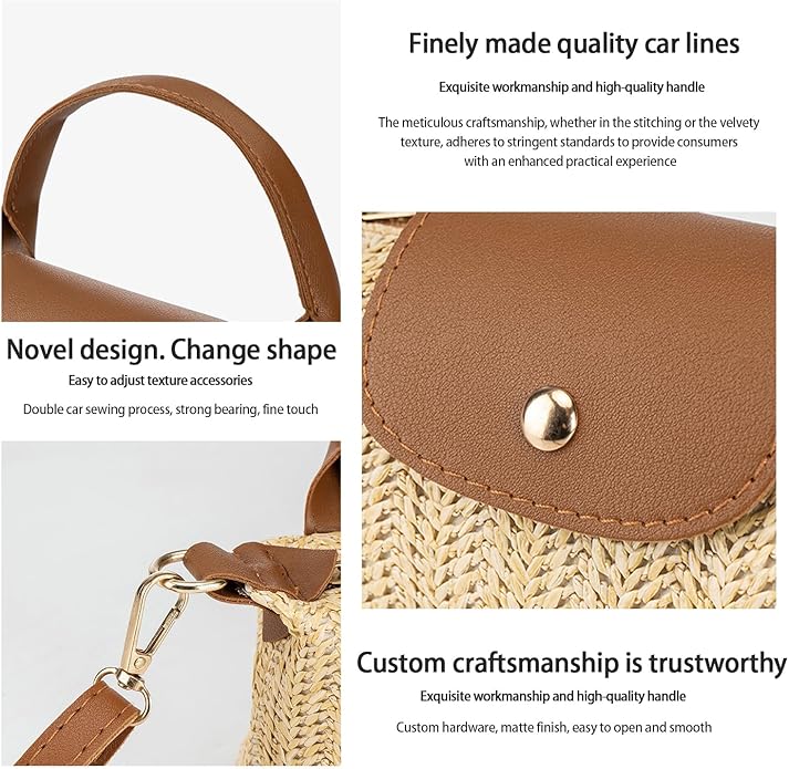 Women’s Woven Straw Handbag with Adjustable Shoulder Strap Beige & Brown